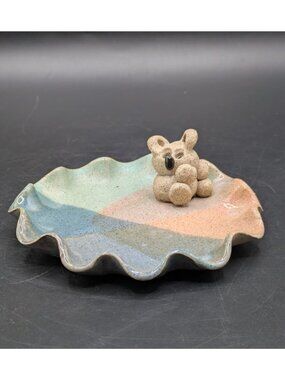 Hand Crafted Koala Bear Salt Glazed Pottery Trinket Dish Ruffled Edge 4.75"